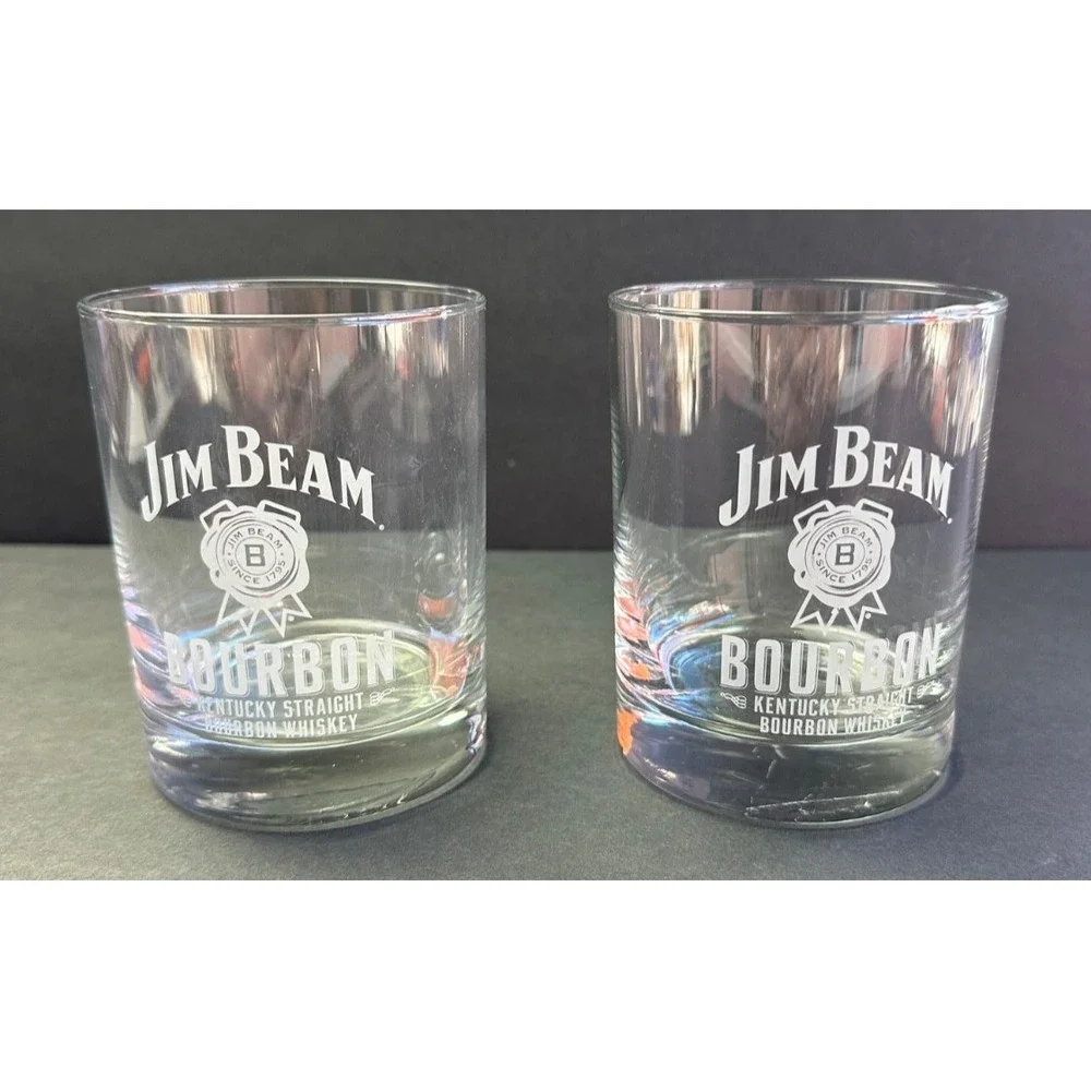 Set of 2 Vtg Jim Beam Bourbon Whiskey Logo Bar Glasses Tumblers Low Ball Rocks