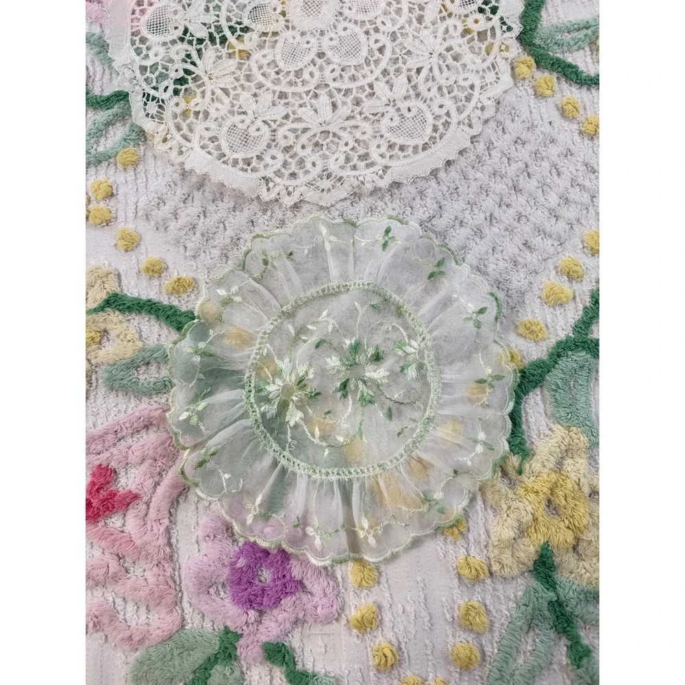 Vintage Lace Doily Set Cream Battenberg Lace & Green Embroidered Organza 2pc