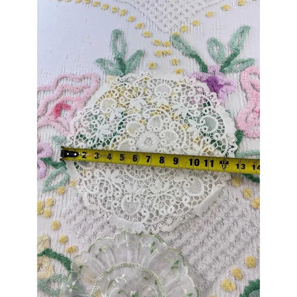 Vintage Lace Doily Set Cream Battenberg Lace & Green Embroidered Organza 2pc