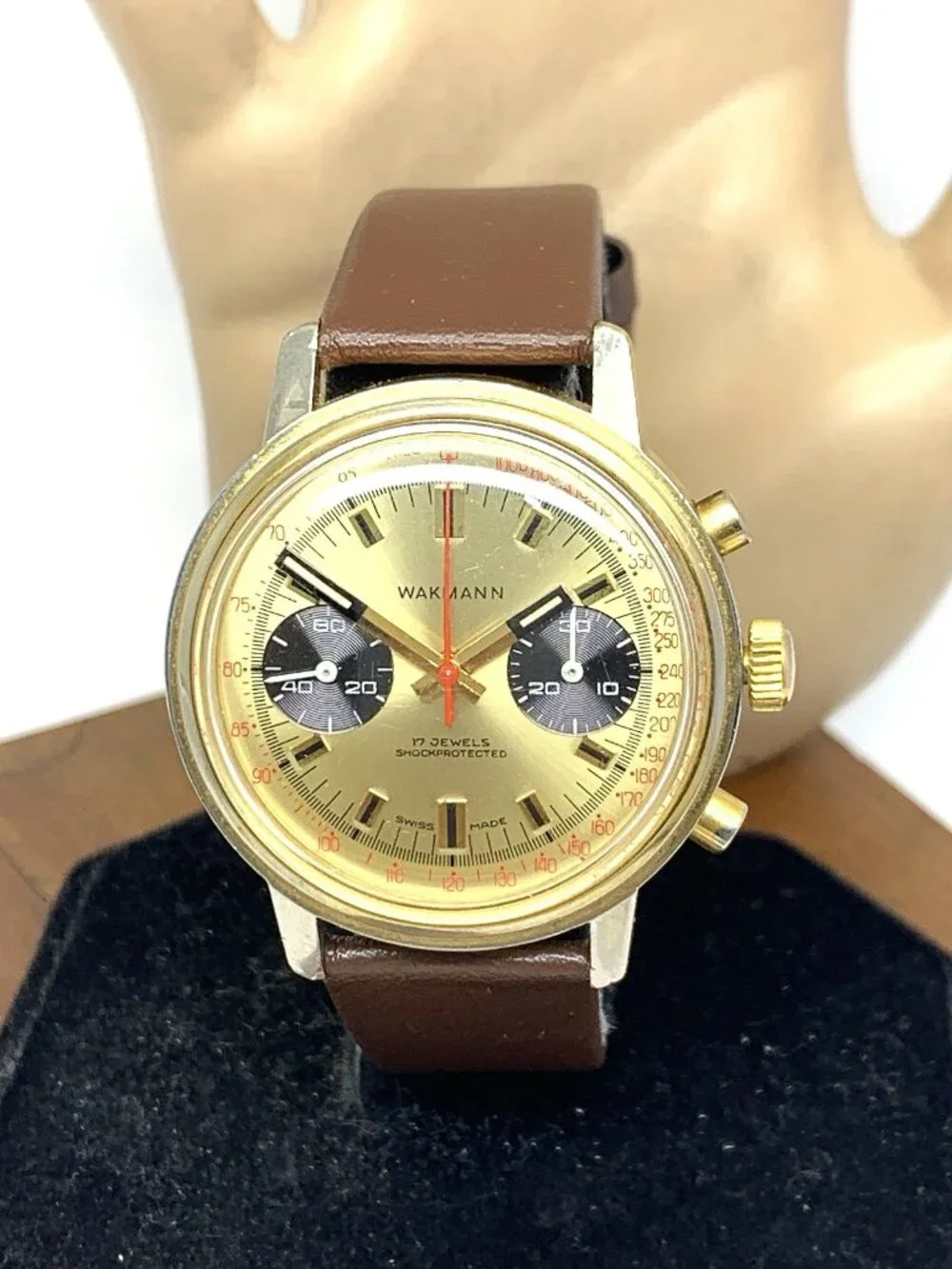 Wakmann Men's Watch Vintage Swiss Manual Wind 1376 Chronograph Gold Dial 37mm