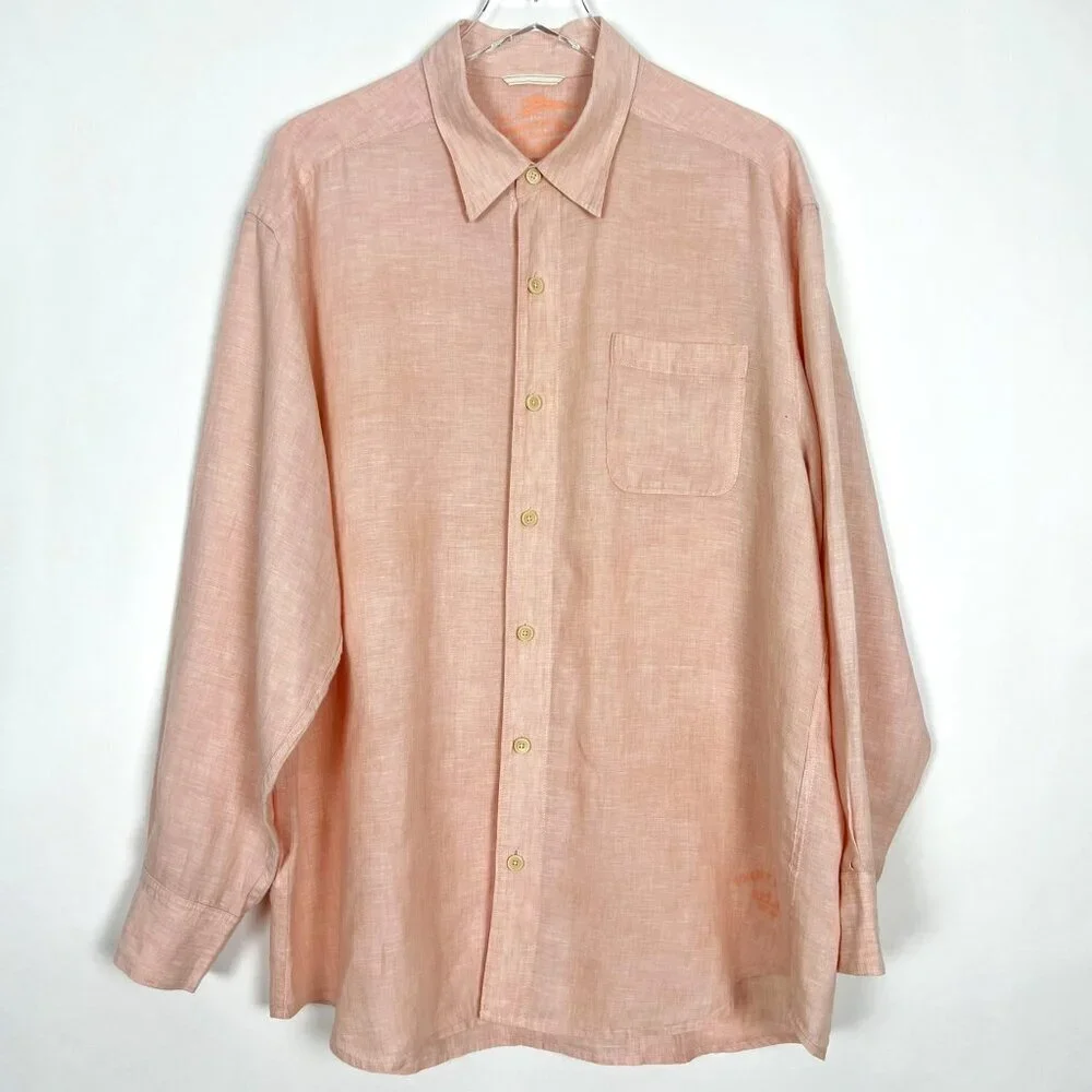 Tommy Bahama 100% Linen Shirt Mens XL Peach Button Front Long Sleeve Vacation