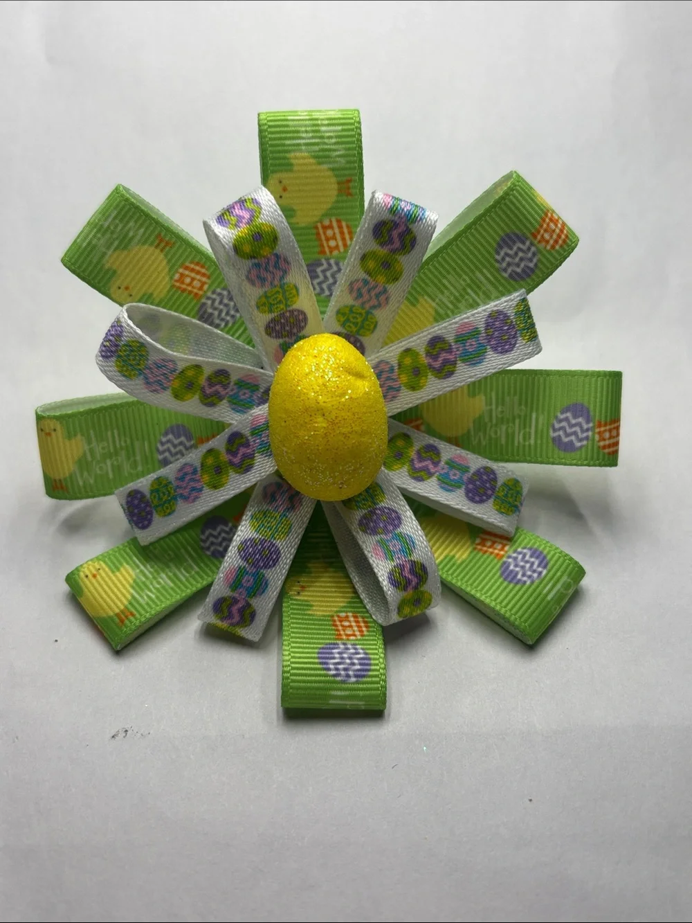 Easter Ribbon Flower Hair Bow with Yellow Glitter Egg