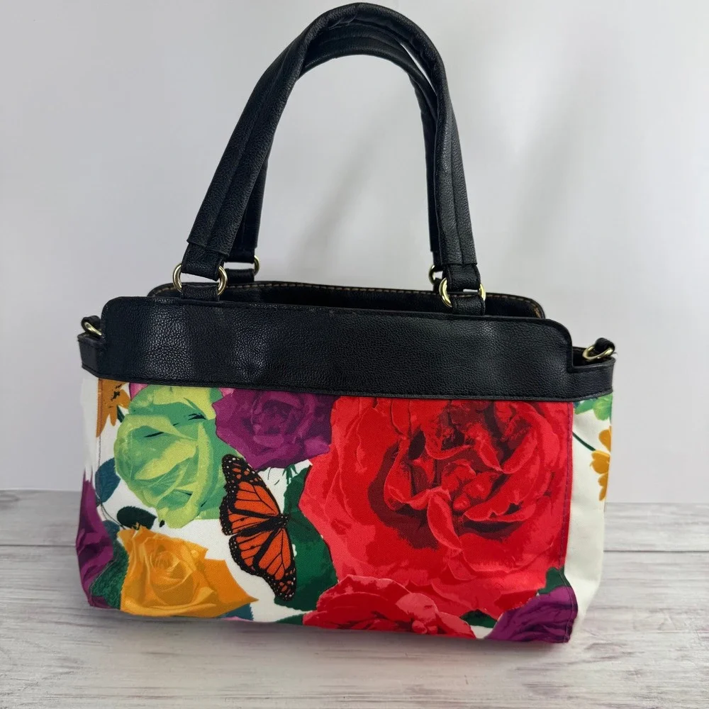 Avon Reversible Floral Butterfly Satchel Bag Black Faux Leather Rose Handbag