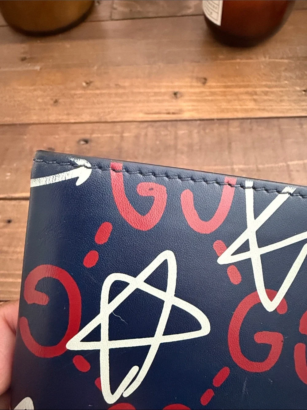 Gucci Navy Blue Wallet with Red GG and White Star Graphics