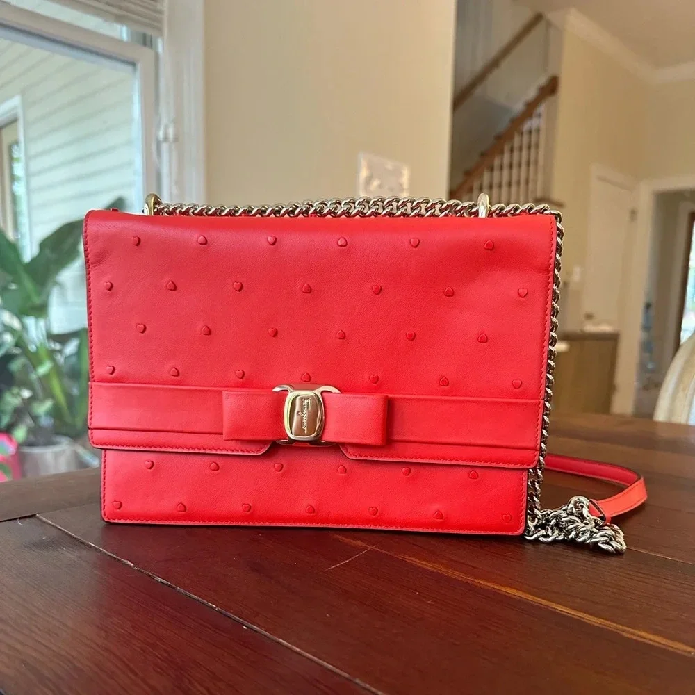 Ferragamo Vara Hearts Shoulder Bag in Candy Apple Red RARE