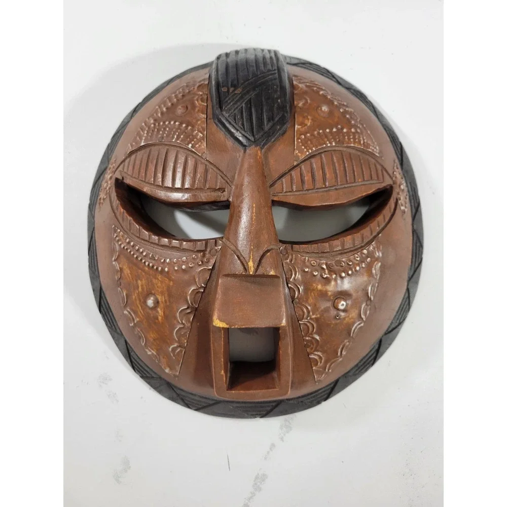 African Wooden Tribal Mask Round Face Black Brown Ghana Souvenir Wall Decor 11