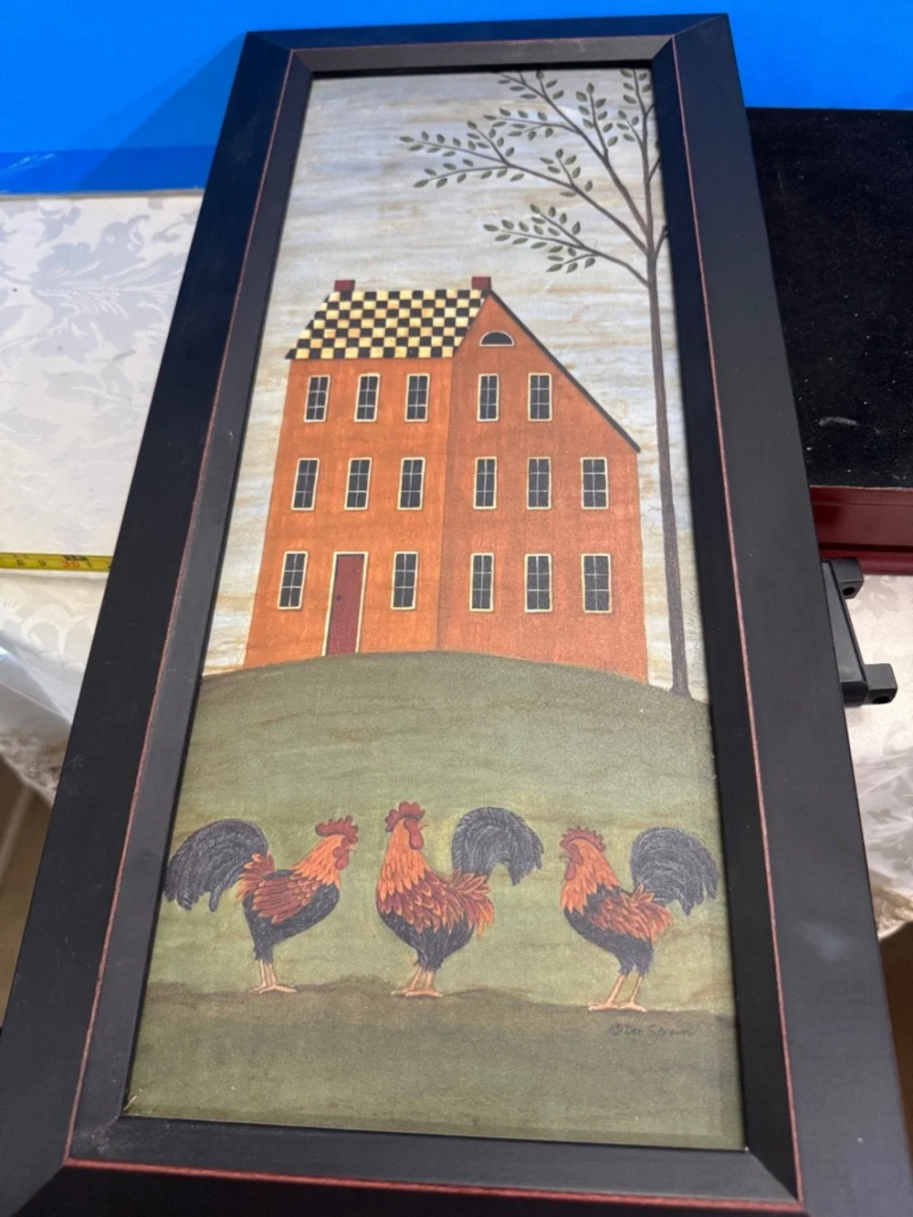 Rustic Farmhouse wall Framed Rooster and House folk Art