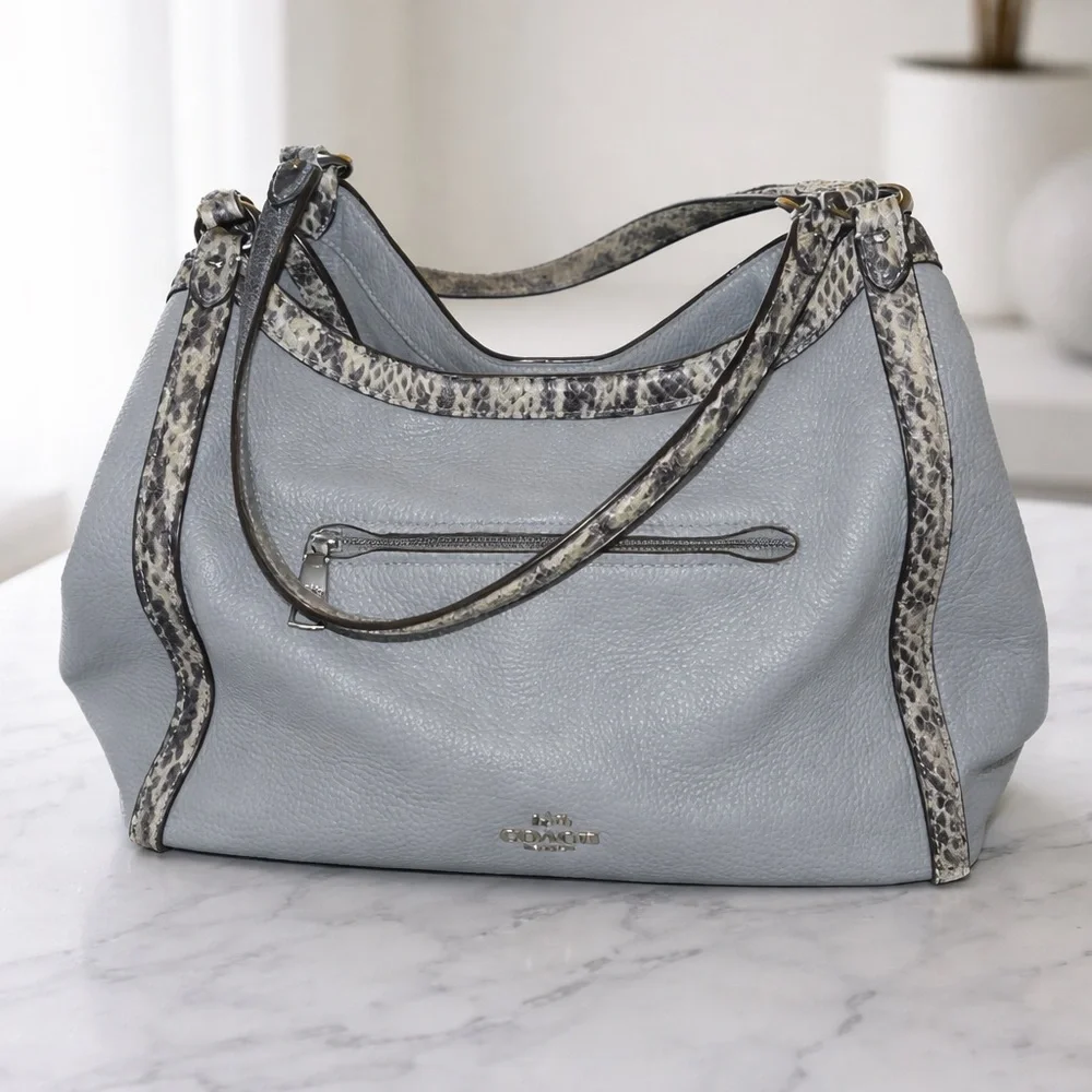 Coach Pebbled Leather Gray Hobo Shoulder Bag with Exotic Snakeskin-Embossed Trim