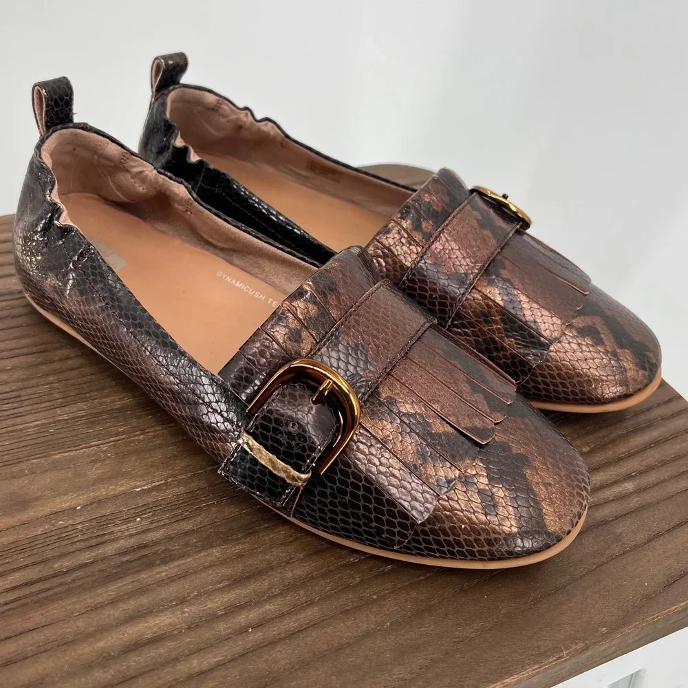 FitFlop Allegro Bronze Snakeskin Metallic Leather Buckle Kiltie Loafers Womens 9