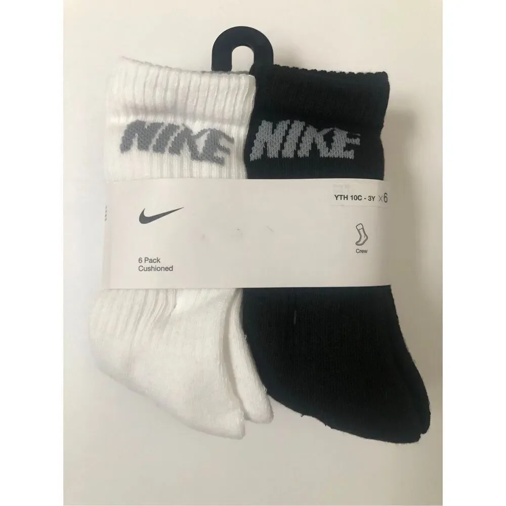 Nike Boys Cushioned Crew Socks 6 Pack (Grey/White/Black) size 10C- 3Y