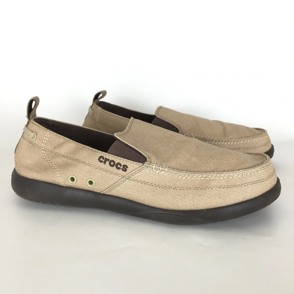 CROCS Walu Men’s Beige Canvas Slip-On Loafer Shoes with Dark Brown Sole Size 13