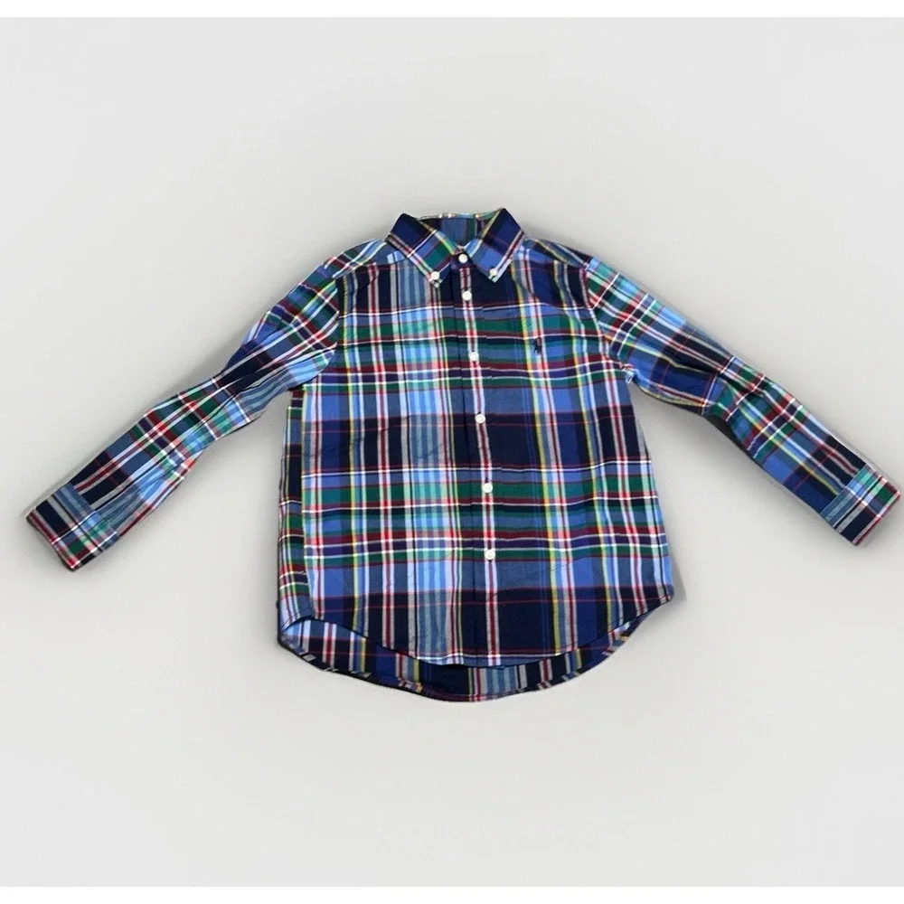 Ralph Lauren Shirt Boys size 5 Blue Plaid Casual‎ Button Down Preppy Academia
