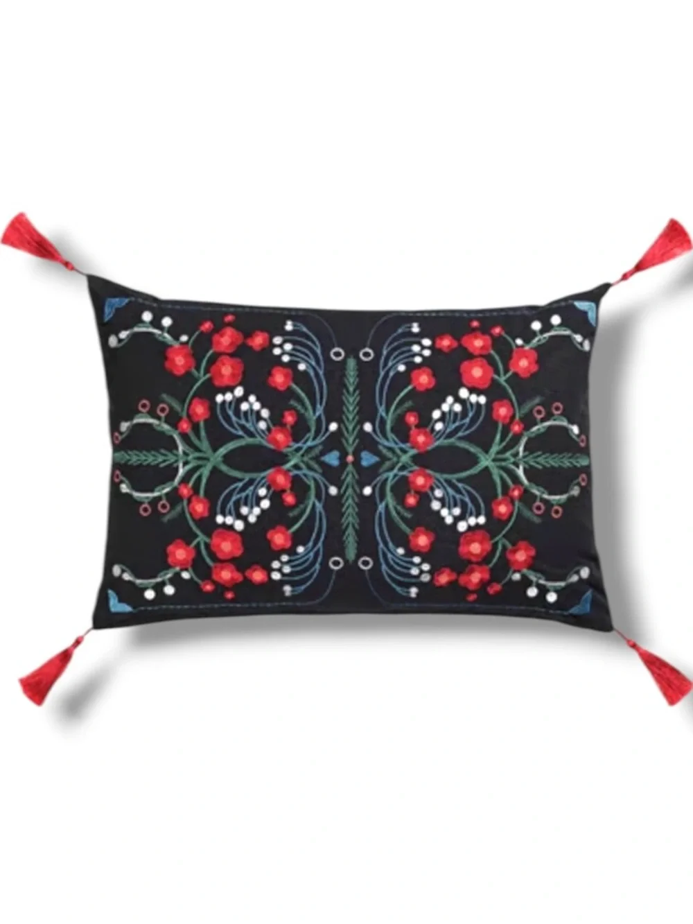IKEA VINTERFINT Embroidered Pillow Cover 16x23 Black Folk Floral