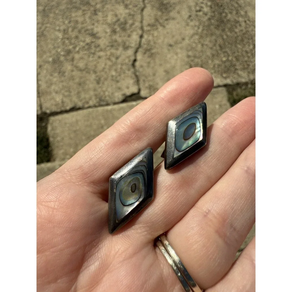 Vintage Sterling Cufflinks 925 Silver Abalone Diamond‎ Shape