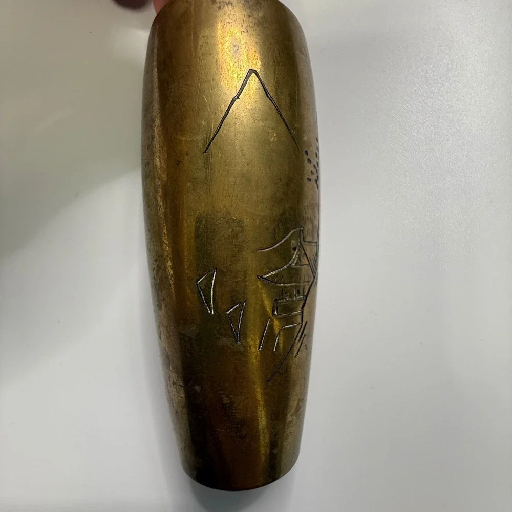 Vintage Brass Bud Vase Etched Pagoda Mount Fuji Asian‎ Home Decor