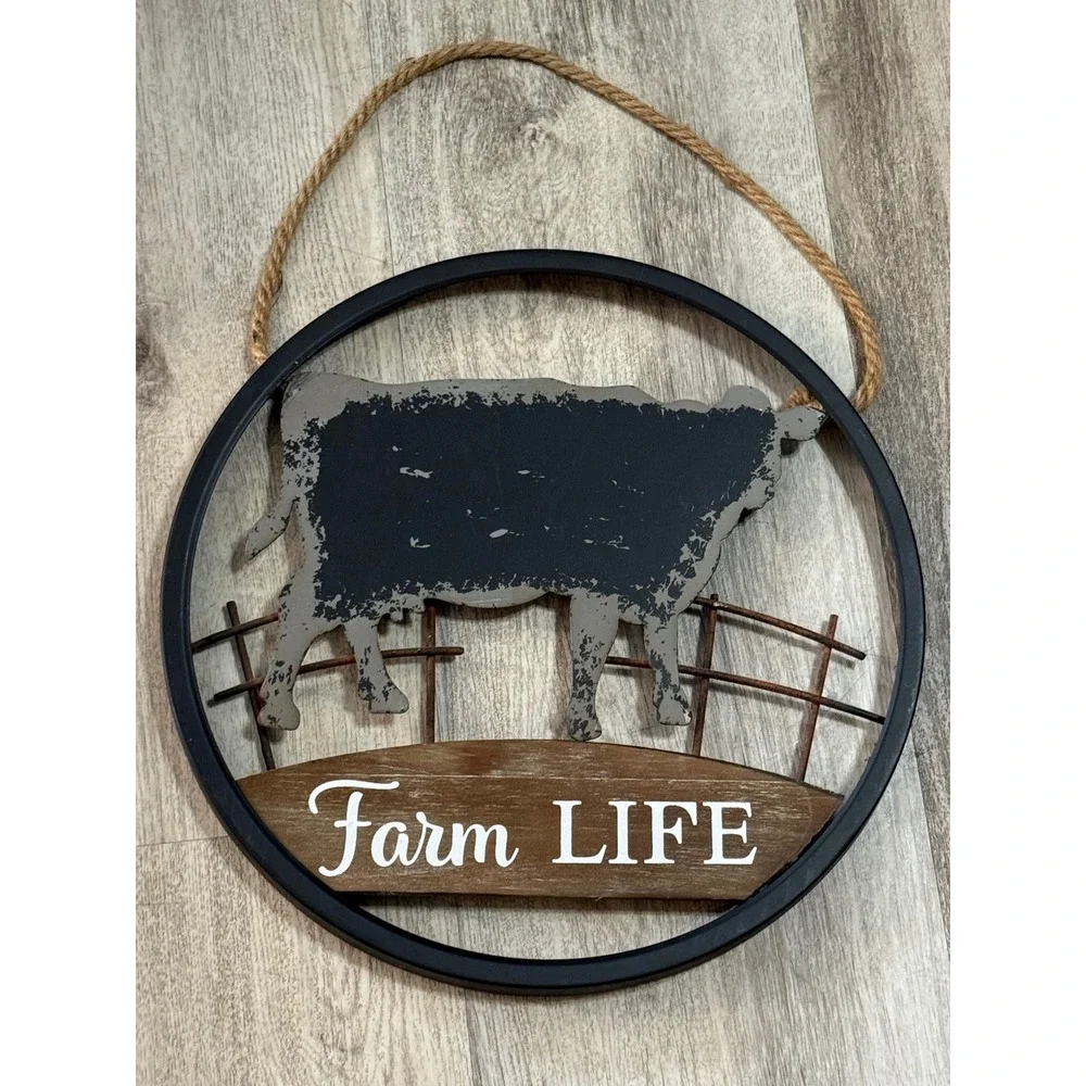 Farm Life Cow Metal Wall Decor Round‎ Barnyard Rustic Home Accent