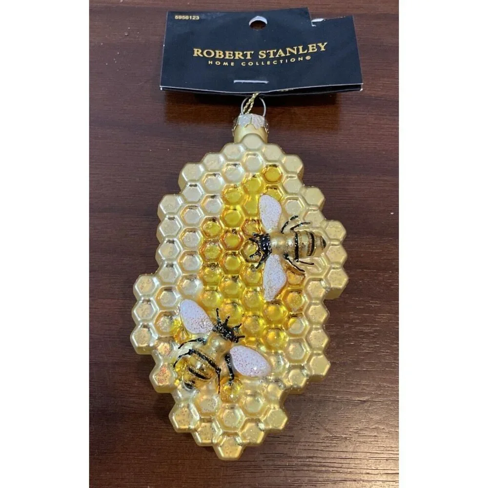 Robert Stanley Honeycomb Bee Glass Christmas Holiday Ornament Gold Yellow NEW‎