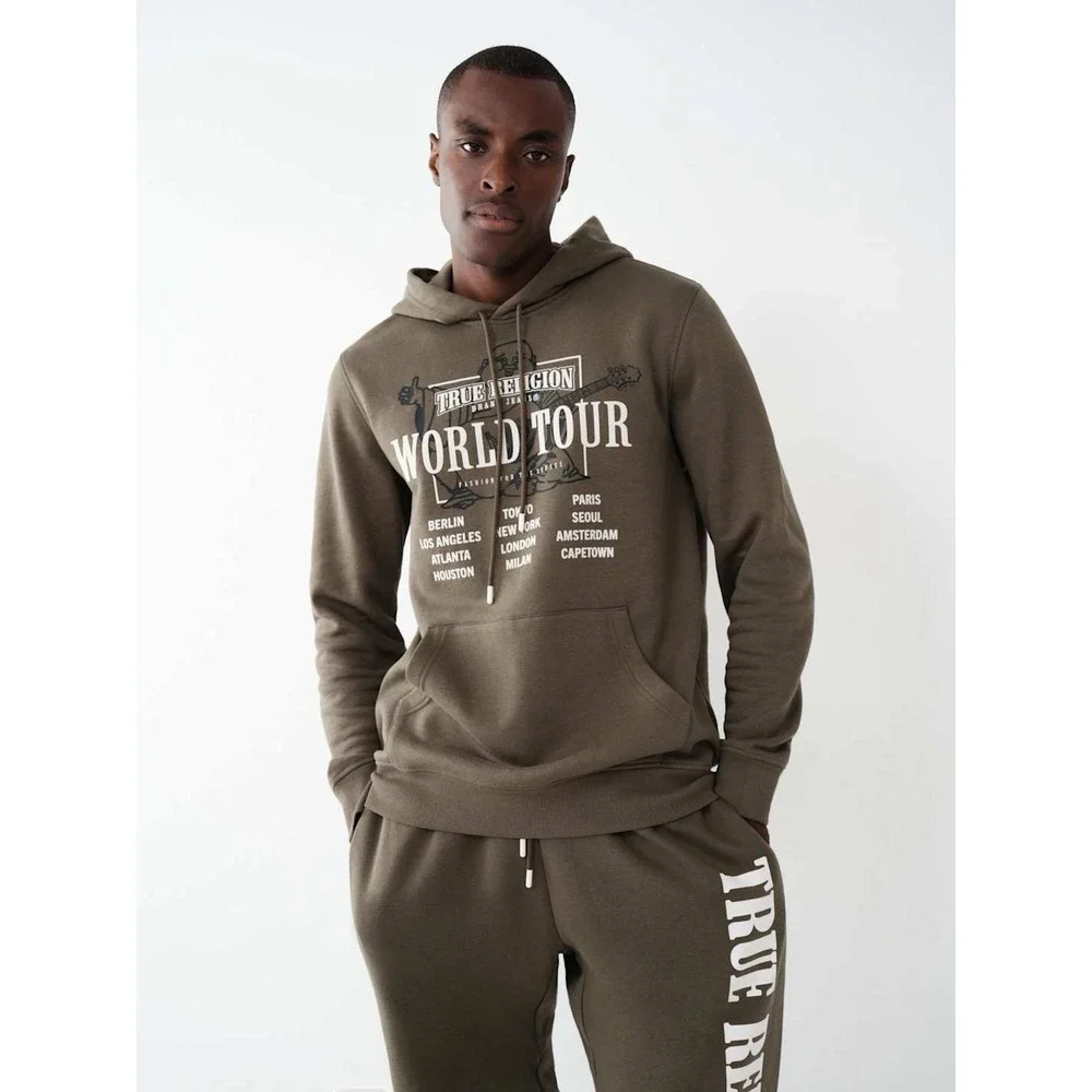 True Religion World Tour Pullover‎ Hoodie Olive Green Graphic Sweatshirt M