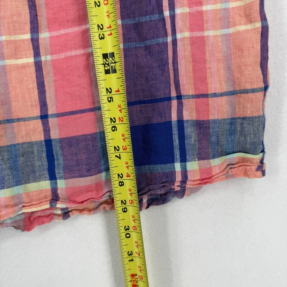 Cremieux Button Down Shirt‎ Mens Large Pink Blue Plaid 100% Linen Long Sleeve