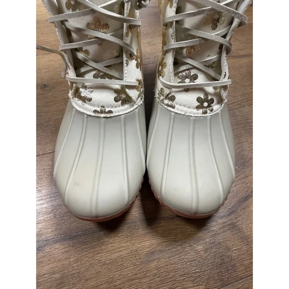 Simply Southern Womens Size 11 Duck Boots Cream Gold Floral Metallic Lace Up‎