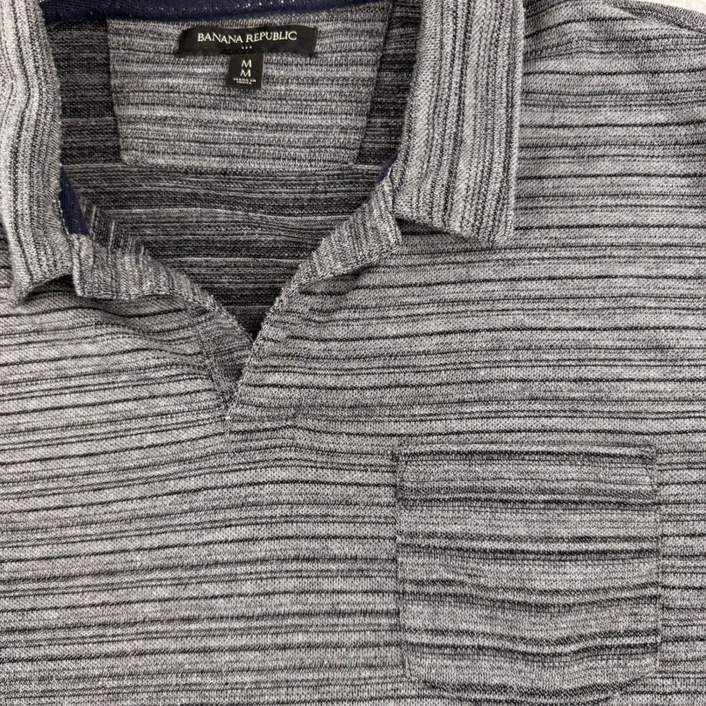 Banana Republic Mens Medium‎ Gray Striped Short Sleeve Polo Shirt Chest Pocket