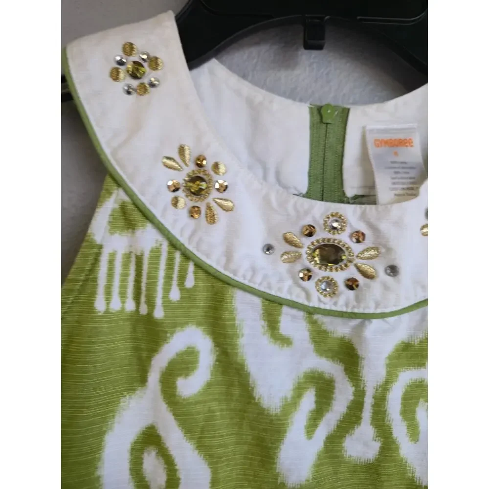 Gymboree Girls Green White‎ Ikat Bejeweled Collar Sleeveless Dress Size 8 2010=0