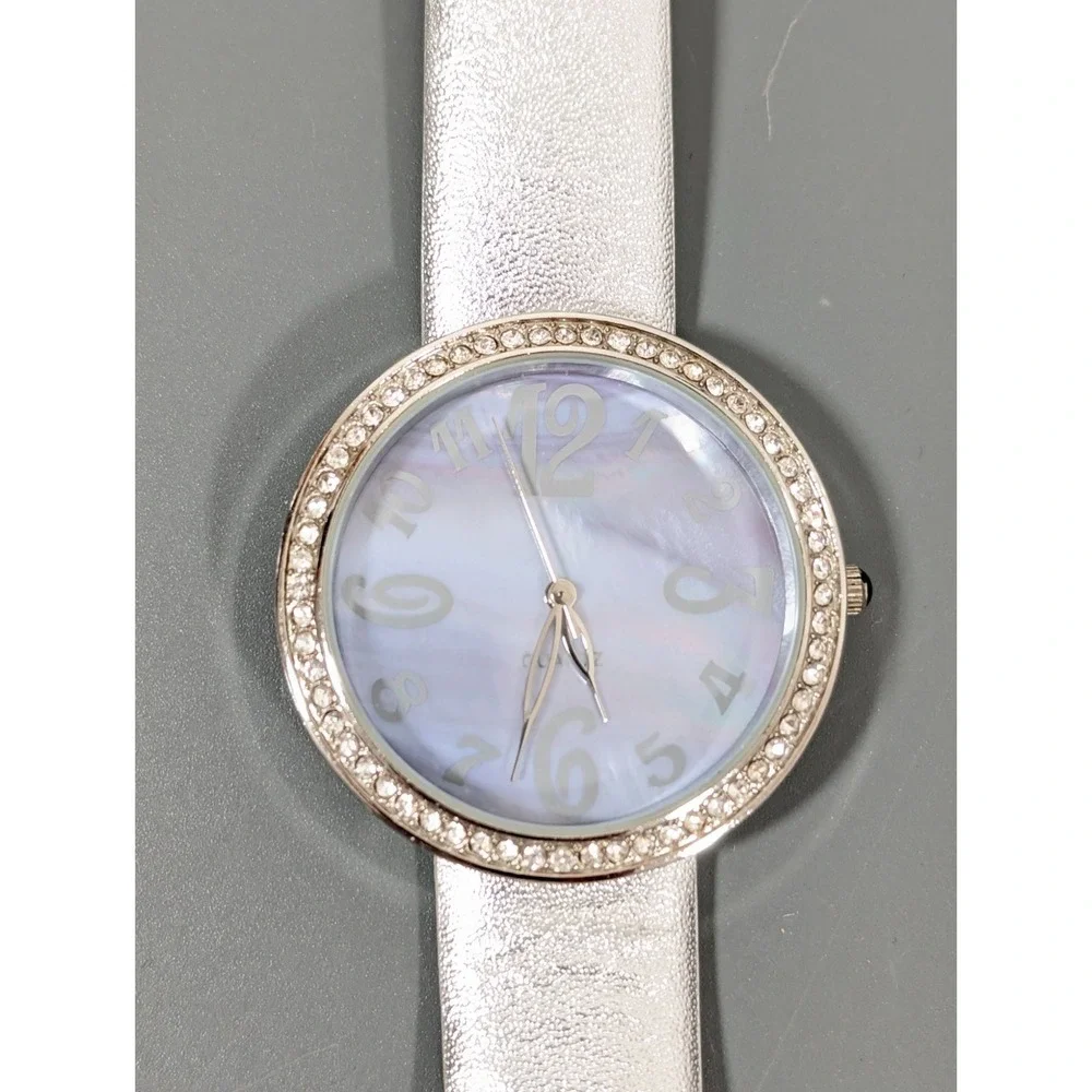 Chico's Silver Tone Leather Watch‎ With Rhinestone Bezel & Mother-Of-Pearl Dial