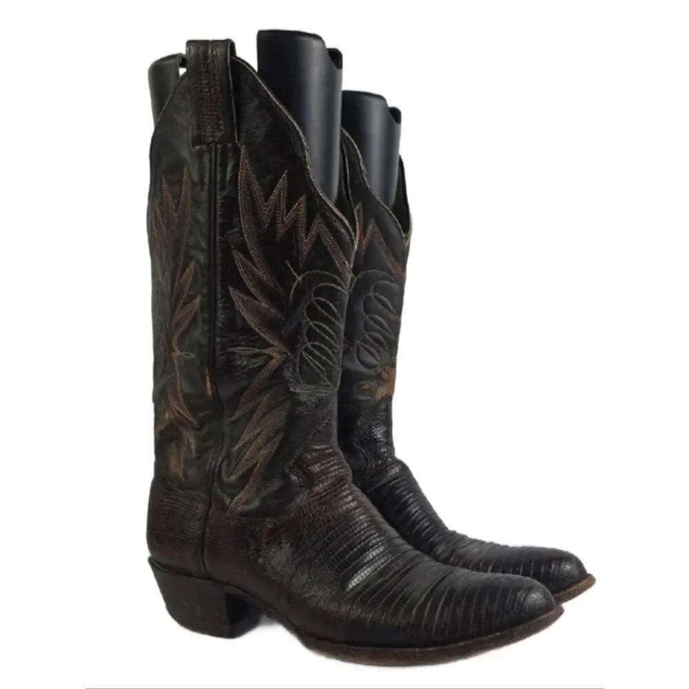 Vintage Sanders Boot Lizzard Brown Leather Men's Cowboy Boots Size 10 1/2