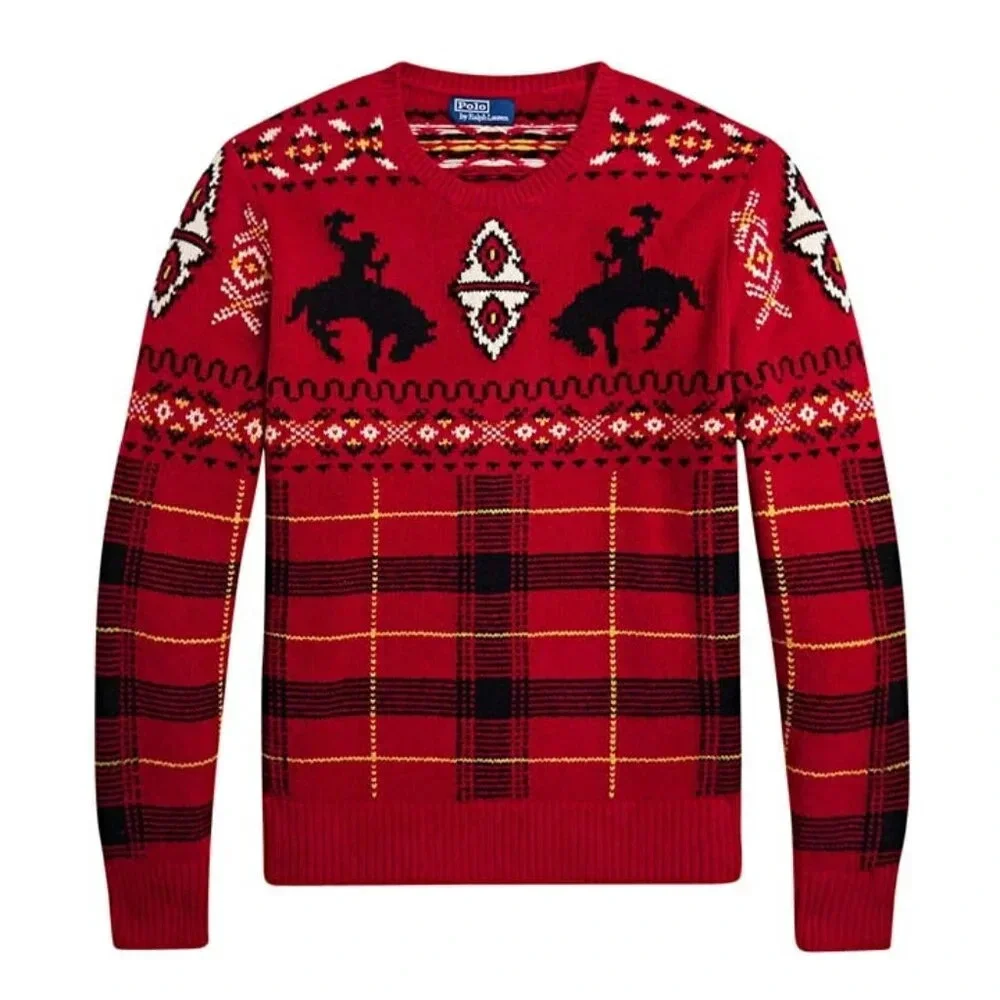 Polo Ralph Lauren Men's Red Western-Inspired Fair Isle Sweater Size L MSRP $498