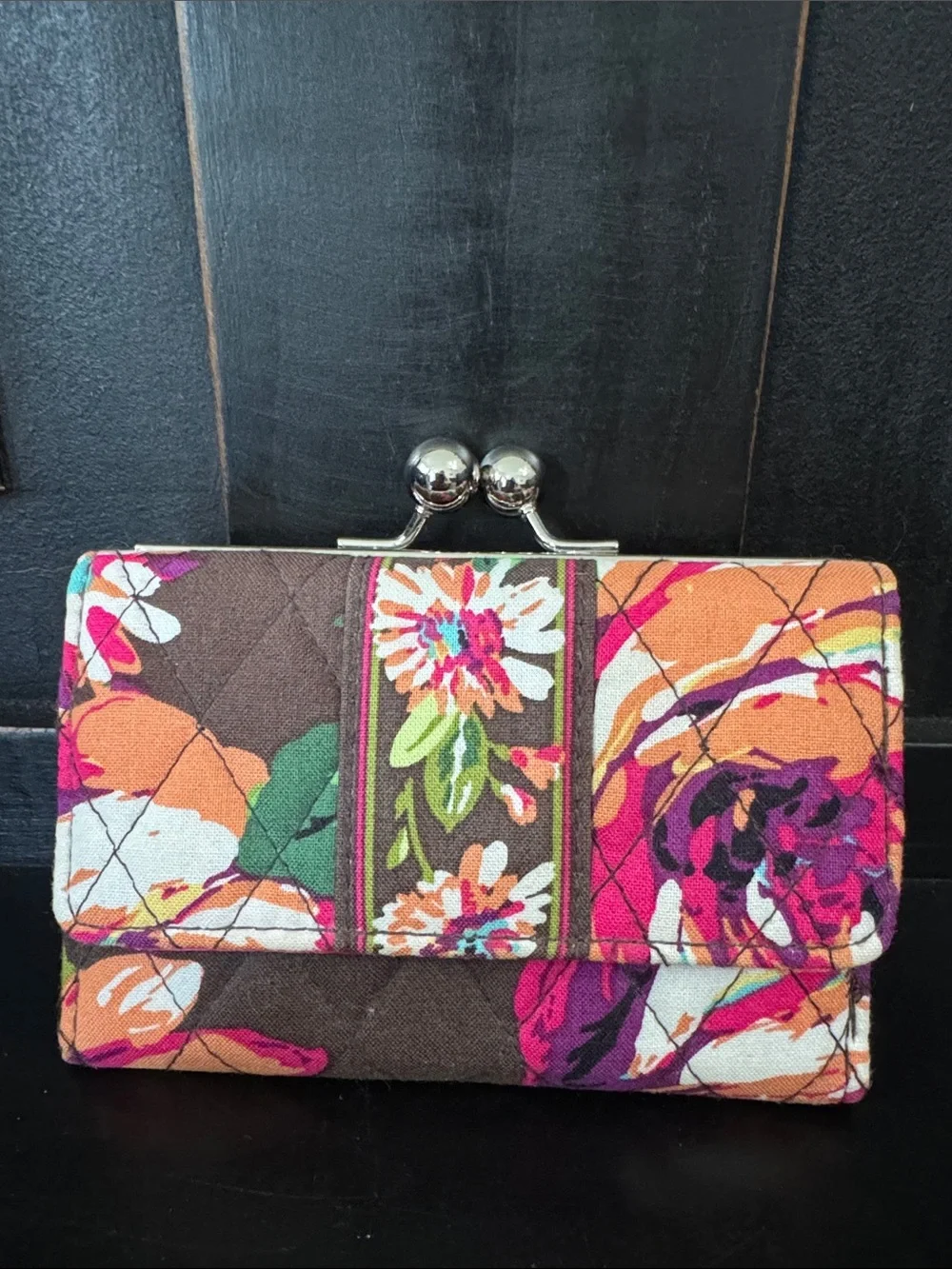 Vera Bradley Floral Quilted Clasp Wallet - Brown, Pink & Orange