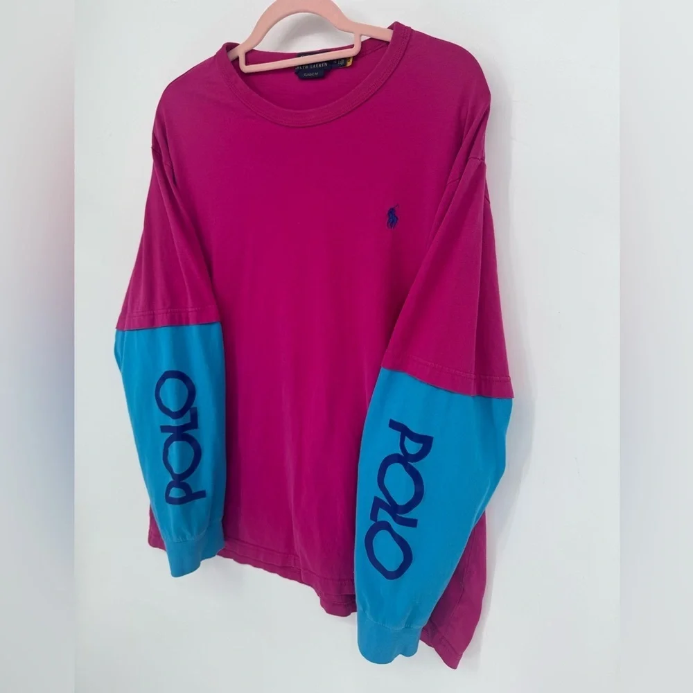 Polo Ralph Lauren Men's Fuchsia and Teal Long Sleeve Top Size XL