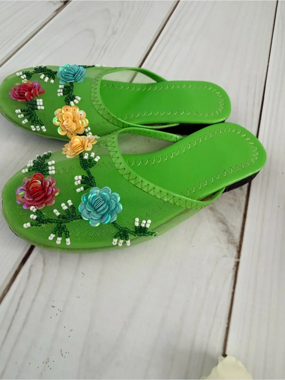 Green Embellished Floral Slide Sandals