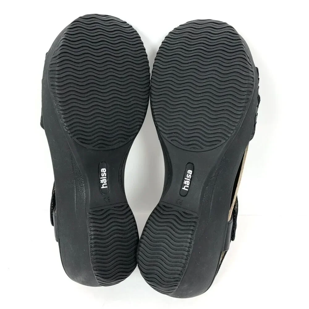 NEW OpBx Halsa Sandals 8.5 Clara Leather Mid Wedge Heels Shoes Ankle Strap Black