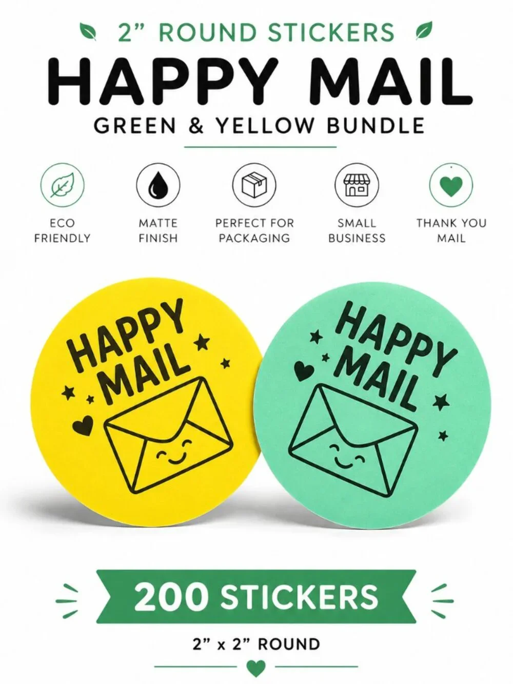 200 Happy Mail Stickers - 2inch Round Matte Packaging Labels Reseller Packaging