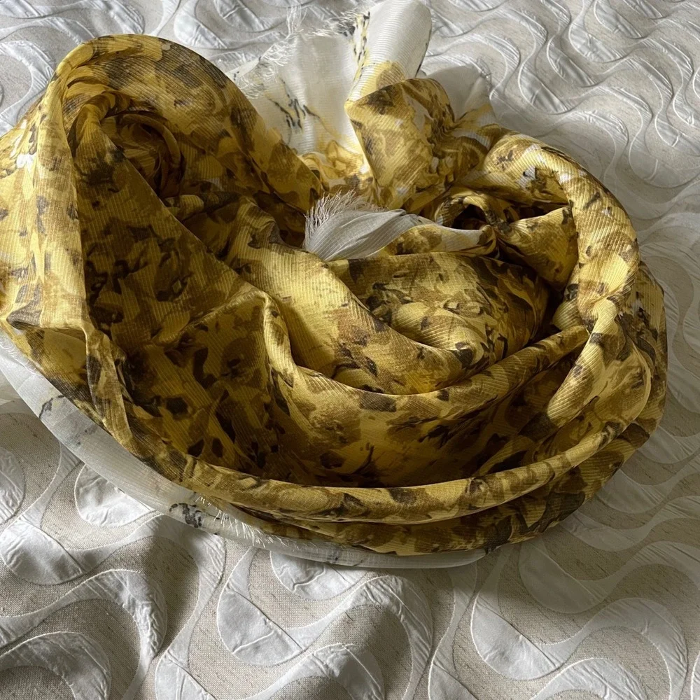 Large mustard yellow Floral scarf Shawl Wrap Lightweight Silk‎ 46.5
