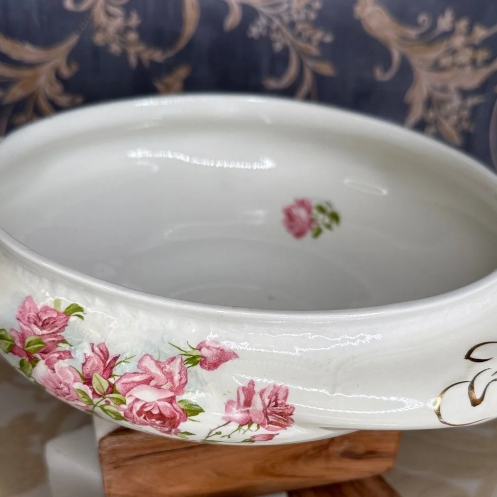 Antique Johnson Brothers England Oval Covered Floral Dish Gold Trim