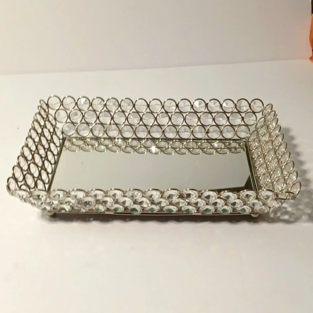 Elegant Silver Beaded Mirror Vanity Tray 10 Inches Long And 7 Inches Wide