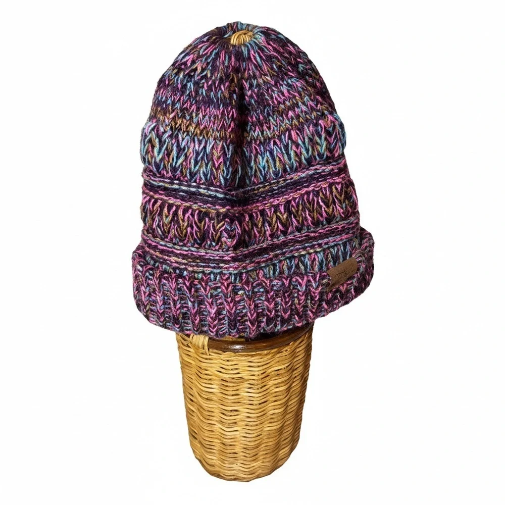 Multi-Color Marled Knit Ponytail Beanie - Purple & Pink Chunky Messy Bun Hat