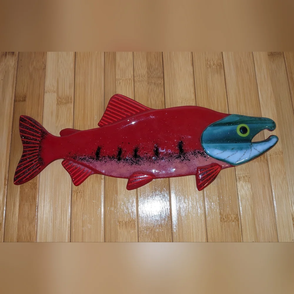 Art Fused Glass Salmon Wall Sculpture Signed Red Blue Fish Artisan Sardine New
