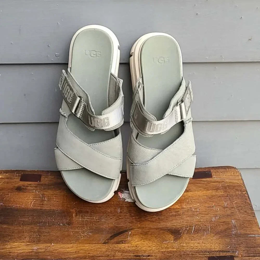 UGG Ashton Slide Gray Green Leather Logo Platform Sandals size 10