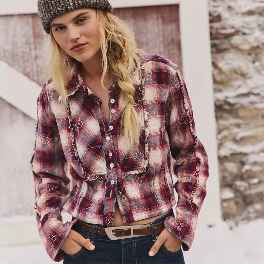 Free People Georgia Plaid Embroidered Button Down Top