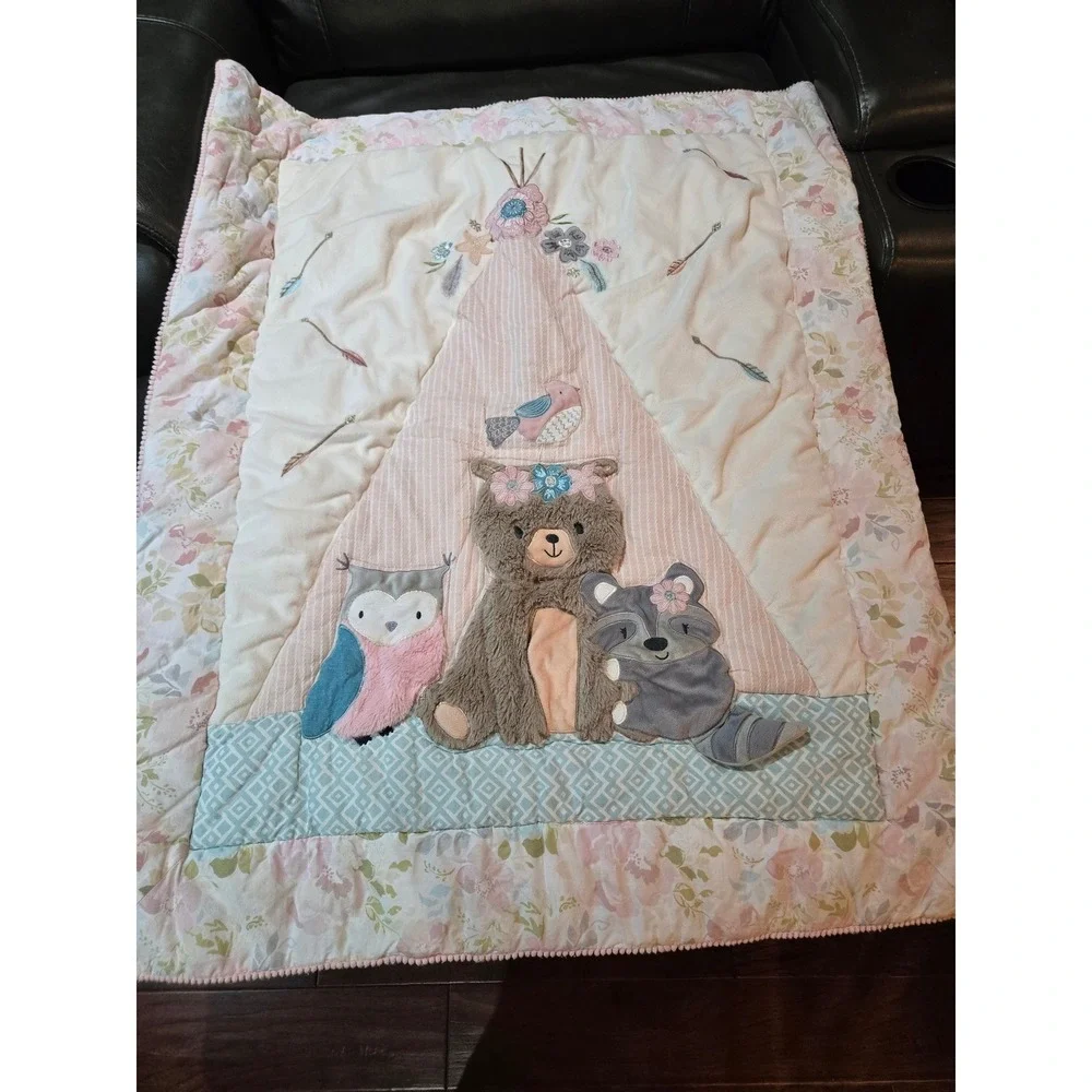 Levtex Baby Woodland Forest Animals Teepee Floral Quilt Blanket Pink Blue Boho‎