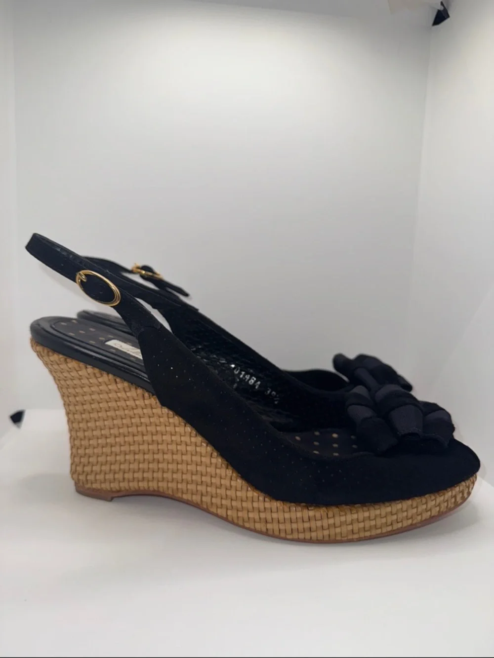 Lulu Guinness Suede Slingback Wedges Open Toe w Bow Women’s EU 39.5