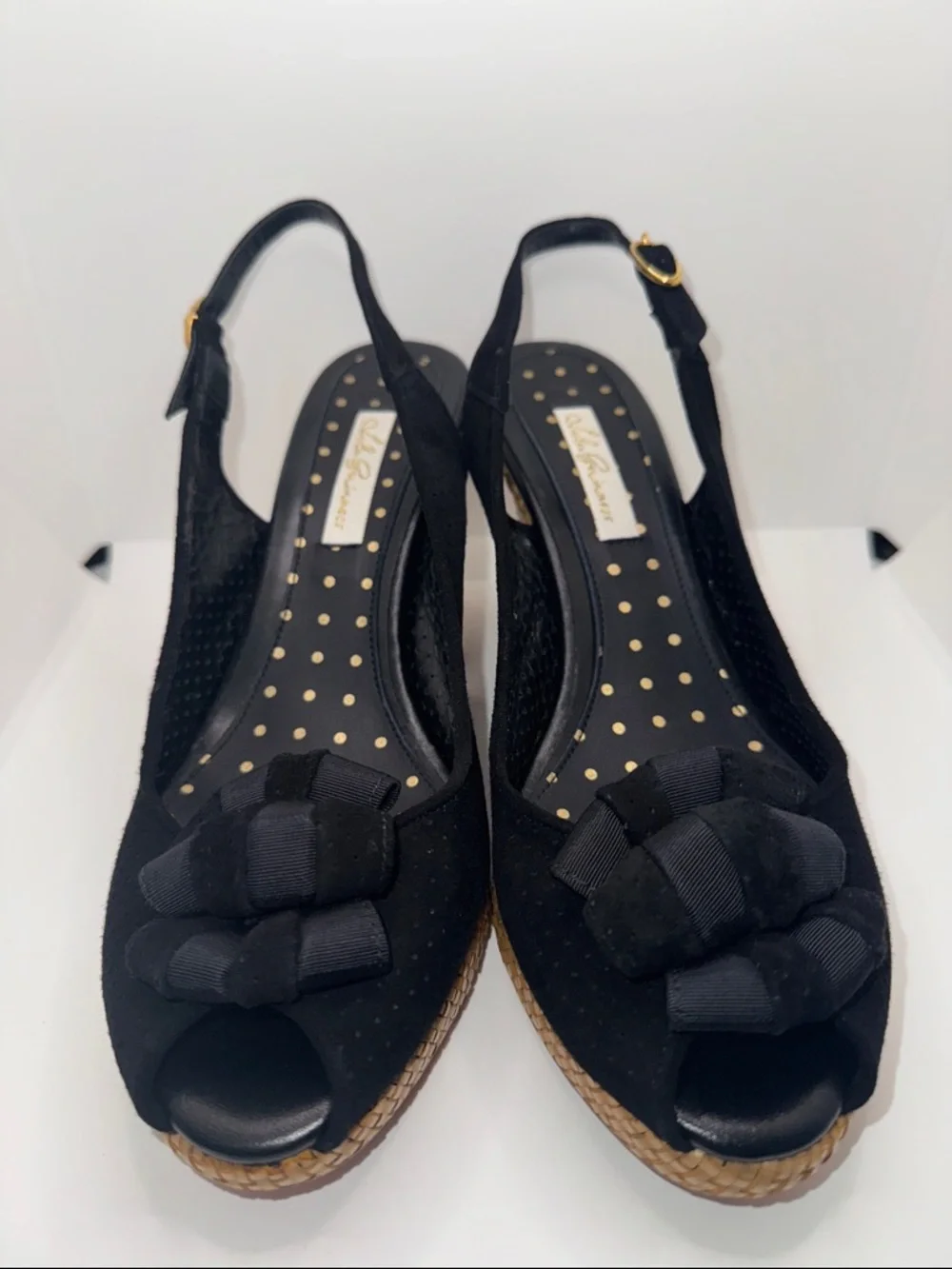Lulu Guinness Suede Slingback Wedges Open Toe w Bow Women’s EU 39.5