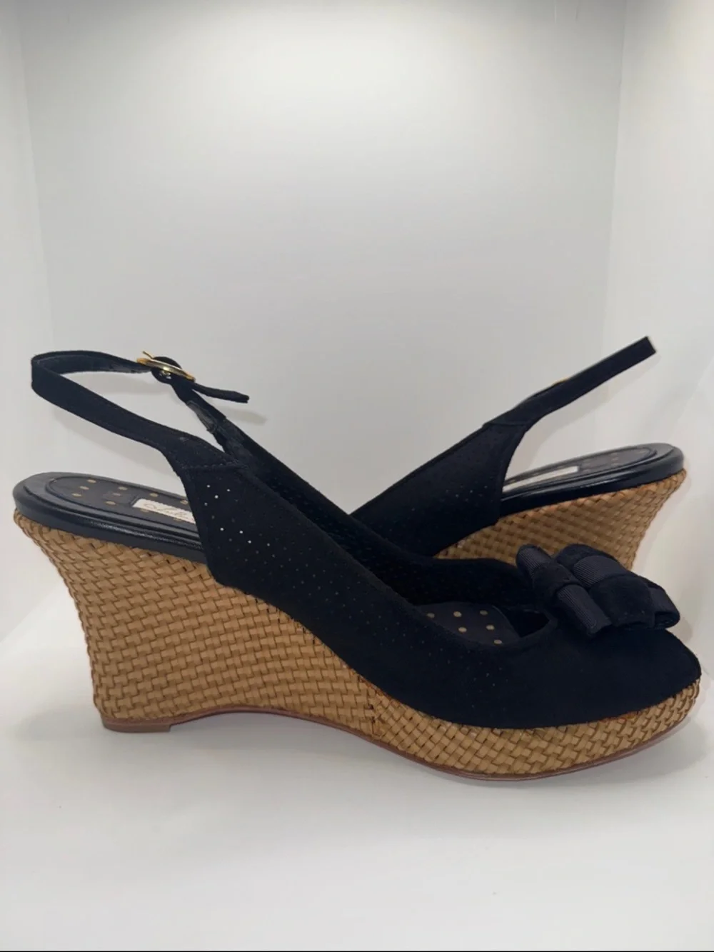 Lulu Guinness Suede Slingback Wedges Open Toe w Bow Women’s EU 39.5