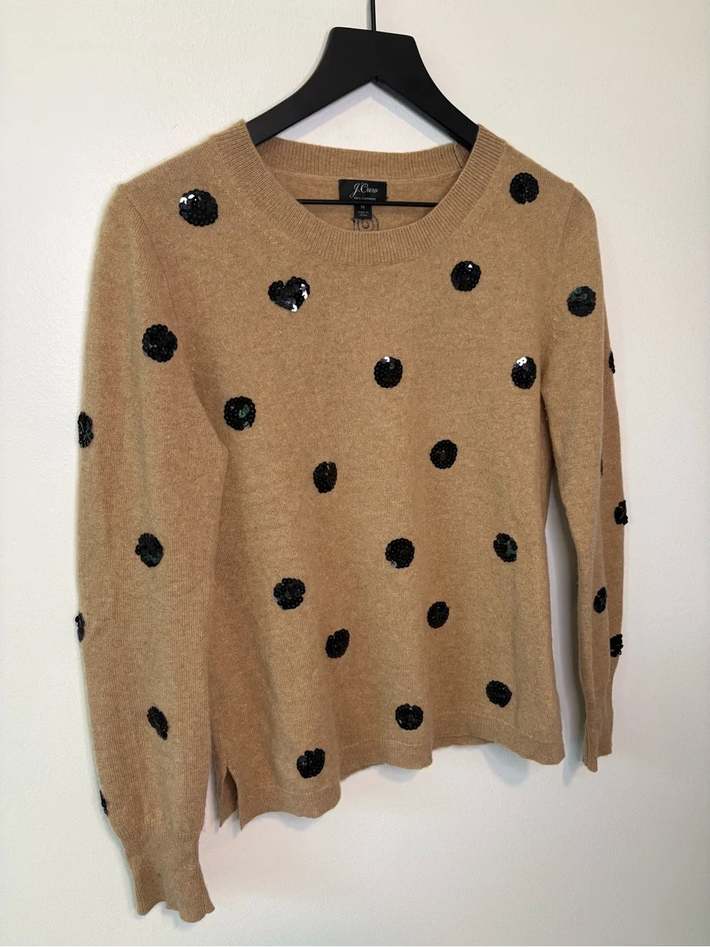 J. Crew Tan Polka Dot Heart Sequin Cashmere Sweater Size Medium