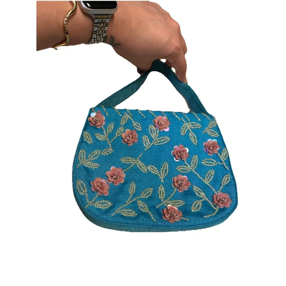 Franchi Beaded Floral Evening Bag Blue Sequin Rose Purse Vintage Y2K Fairy