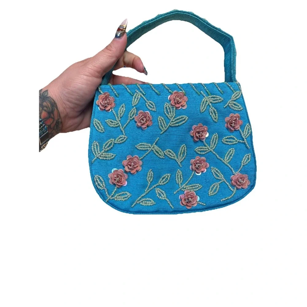 Franchi Beaded Floral Evening Bag Blue Sequin Rose Purse Vintage Y2K Fairy