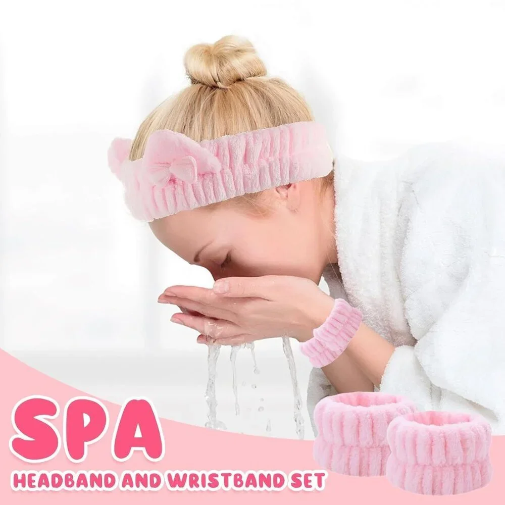 Spa Headband Wristband Set Cat Ear Coral Fleece Face Wash Makeup Gift