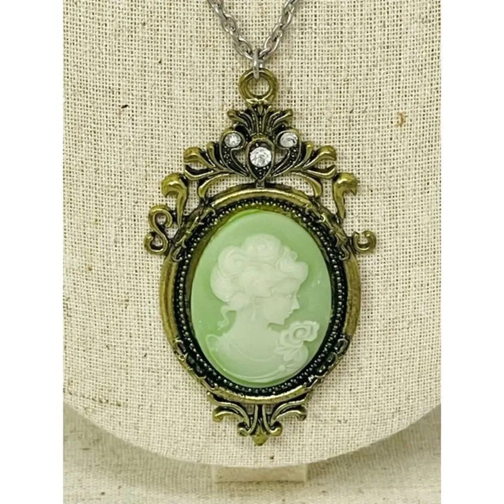 HSN Antique gold Lime Green Cameo Pendant on silver Chain 20